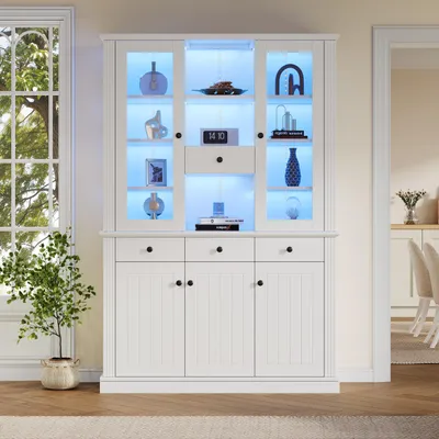 Immagine prodotto di okwish: Vetrina con illuminazione LED colorata e 4 cassetti, armadio alto con 21 scomparti e 5 ante, colore bianco