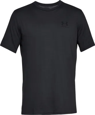 A black t-shirt with a small black logo on the left chest, presented on a white background.
