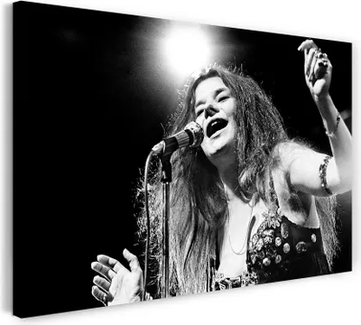 Produktbild von Leinwandbild (120x80cm): Janis Joplin on stage Rock-Star schwarz weiß Portrait Konzert, echter Holz-Keilrahmen inkl. Aufhänger, handgefertigt in Deutschland