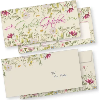 Produktbild von Gutscheine mit Umschläge Wildblumen 25 Stück - Gutscheinkarten mit Blumen für Gewerbe wie Wellness Floristik