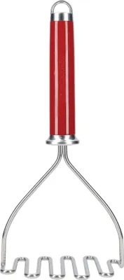 A red and silver potato masher on a white background.