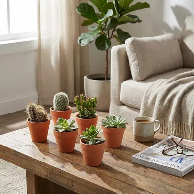 Image de Assortiment de mini-cactus et plantes succulentes - 18 pièces - Ø 8,1 cm - Hauteur : 5-10 cm - Pots en terre cuite