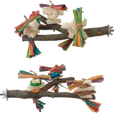 Image de 2 paquets de jouets pour perruches en bois, branche avec luffa naturel et papier coloré à mâcher, accessoires pour cages d'oiseaux