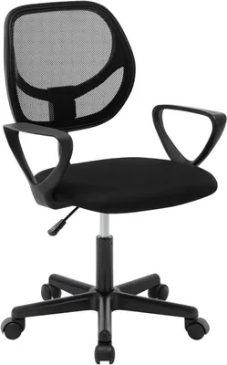 A black office chair with a mesh back and padded seat.