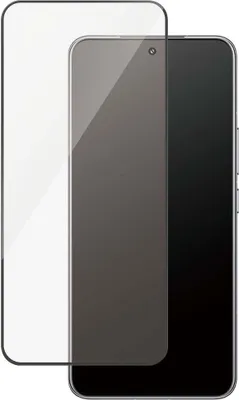 Two screen protectors are shown, one transparent and one with a black frame, placed over a smartphone.