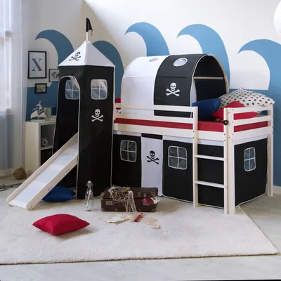 Image de Hochbett Spielbett Kinderbett Rutsche Turm Vorhang schwarz 90x200 Jugendbett