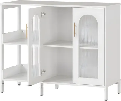 Productafbeelding van Opbergkast – voor woonkamer, eetkamer en keuken – moderne stijl met glazen deuren – dressoir/buffetkast – hout, wit