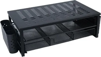 Imagen del producto de Soporte para monitor - Organizador de escritorio con cajón - 2 portalápices - Metal - Elevación ergonómica para monitor y portátil - Negro