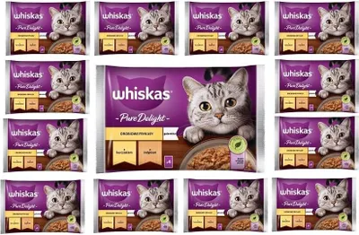 Produktbild von Whiskas Adult 1+ Pure Delight Geflügel Ragout in Gelee mit Huhn und Truthahn Katzennassfutter 52 Portionsbeutel, 13x4x85g