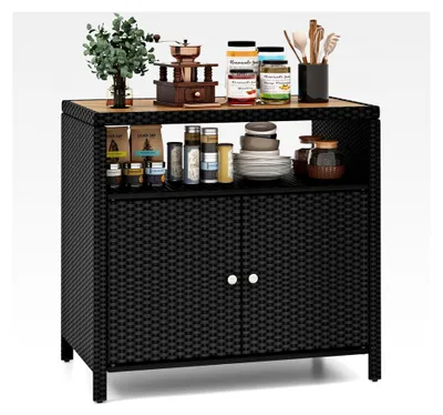 Produktbild von Gartenschrank aus Rattan, Aufbewahrungsschrank mit breiter Akazienholzoberfläche, Küchenschrank für Garten, Terrasse und Patio, 90 x 53 x 86 cm (Schwarz)