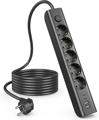 Imagen del producto de Regleta múltiple de 5 enchufes - Regleta múltiple de 9 enchufes con USB - Regleta de 3680 W con interruptor - Para montaje en pared