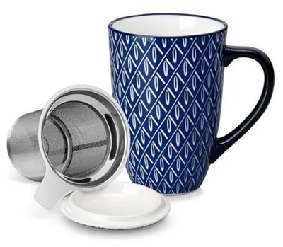 Image de Tasse en céramique avec couvercle et filtre, 540 ml, motif bleu et blanc