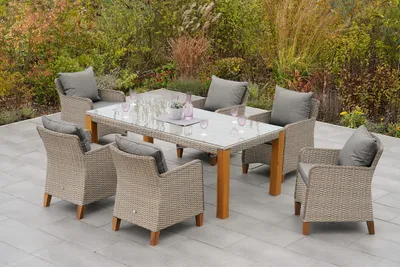Produktbild von Merxx Gartenmöbelset "Avellino" 7tlg. mit Tisch 200 x 100 cm, inkl. Kissen - Aluminiumgestell mit Kunststoffgeflecht Steinbeige und Akazienholz