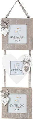 Produktbild von Unyqoos® Bilderrahmen 3‑teilig, hängend – MDF, grau/weiß mit Katzenmotiv & weißen Herzen, 58 × 14,4 cm, Fotoöffnungen 10 × 10 cm & 8 × 8 cm
