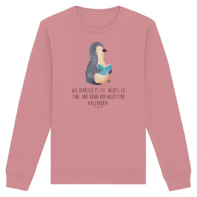 Produktbild von Mr. & Mrs. Panda Baumwoll Pullover Pinguin Buch Größe M - Canyon Pink - Geschenk, Ferien, Urlaub, Sweatshirt, Pulli, Sweater, Lesen, Bücherwurm