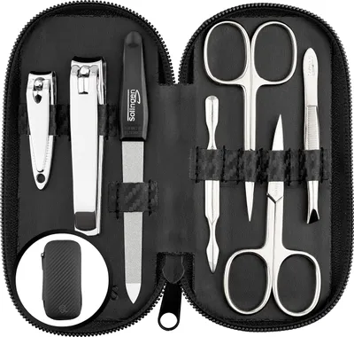 Produktbild von Maniküre Set Solingen - Vergleichssieger mit Top Preis/Leistung - Kunst Leder Etui handlich und weich - 7teiliges Nagelset aus glanzvernickeltem Stahl