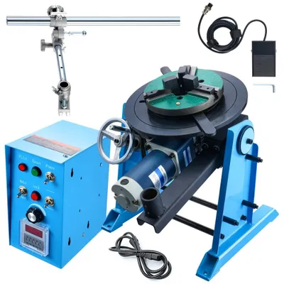 Zdjęcie produktu dla Stół obrotowy spawalniczy - Pozycjoner spawalniczy 120 W - Manipulator 0,5-6 obr/min - Stół obrotowy 25 kg (poziomy)/50 kg (pionowy) - Kąt nachylenia 0-90° - Uchwyt trójszczękowy KD200 do cięcia, szlifowania, montażu