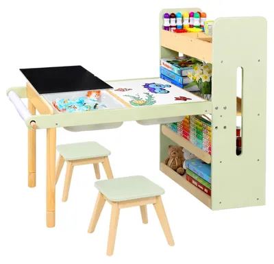 Immagine prodotto di Tavolo attività 3-in-1 GINGER HOME per bambini, completo di 2 sedie, con tavola sensoriale per sabbia e acqua, lavagna bianca e nera, ripiano e organizer