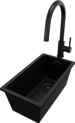 Zdjęcie produktu dla PRIMAGRAN Granitowa zlewka, czarny kolor, wymiary 26x47 cm, zlewozmywak jedno komorowy + bateria kuchenna 40x20 cm + zestaw odpływowy, zlewozmywak kuchenny do szafki o szerokości od 30 cm - model London Slim