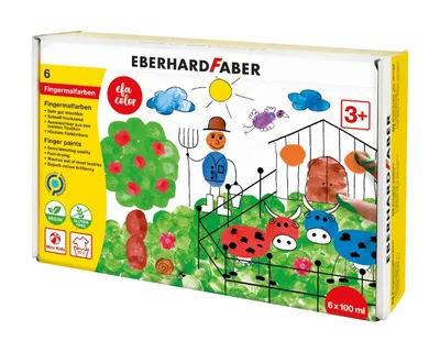 Produktbild von Eberhard Faber 578806 - EFA Color Fingerfarben-Set mit 6 Farbtöpfchen zu je 100 ml, schnelltrocknend und auswaschbar, zum Mischen und für kreativen Malspaß