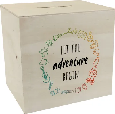 Produktbild von Spardose aus Holz mit Campingmotiven in bunten Farben - Let the adventure begin