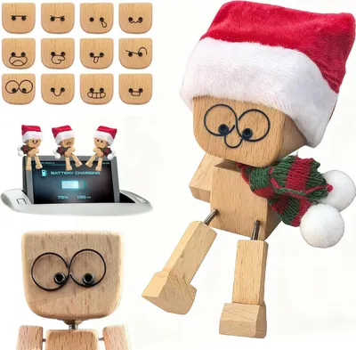 Produktbild von STILVORA Weihnachtsfiguren, Wackelfigur Holz Auto, Lustige Auto Dekoration mit beweglichen Beinen, Plüschmütze & Schal, 12 austauschbare Magnetgesichter, perfekt für Dashboard, Innenraum & Geschenkideen