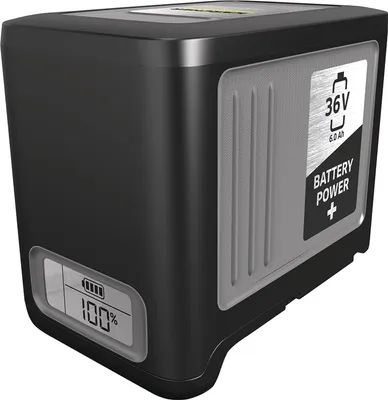 A black battery pack with a gray textured side panel and a digital display showing battery status.