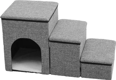 Produktbild von Haustiertreppe, faltbare Hundetreppe, bequem und langlebig, 3-in-1-Design-Treppe mit Stauraum und Haustierhaus, 3-Stufen-Haustiertreppe, rutschfeste Hunderampe，Grau