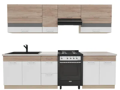 Obrázek produktu pro Kuchynská linka 270 cm – ECONO B PLUS – dub Sonoma – bílá lesklá – s pracovní deskou z travertinu – vestavená kuchyne se systémem Soft-Close – kovové zásuvky