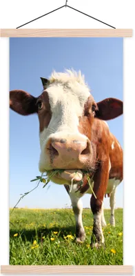Produktbild von MuchoWow® Textilposter Kuh - Tiere - Blumen - Gras 60x120 cm mit holzfarbenen Rahmen - Holz