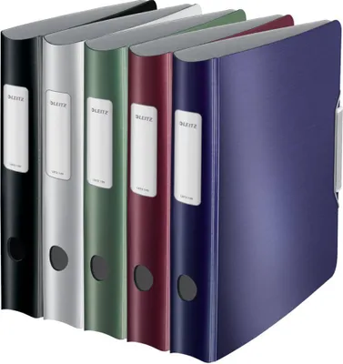 A row of five binders in different colors.