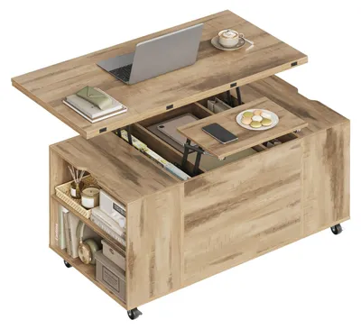 Produktbild von WOLTU Couchtisch höhenverstellbar, mit Rollen, Hebeplatte Schublade Stauraum : Helle Eiche Farbe: Helle Eiche