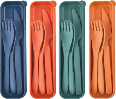 Four sets of reusable cutlery, each in its own colored case, arranged side-by-side.