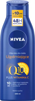 A blue bottle of NIVEA body lotion with product information and branding visible.