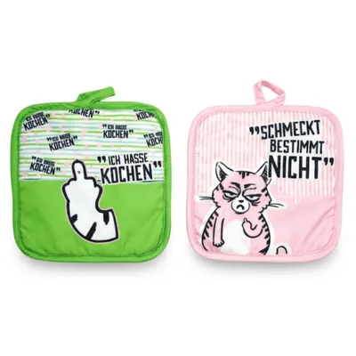 Produktbild von 2er Set Topflappen Miesekatze Schutzlappen zum Kochen Backen 18x18 cm Waschbar Küchenzubehör Topfhalter Topflappenset