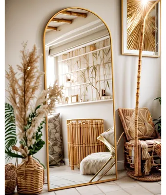 Productafbeelding van Passpiegel staand - Gebogen spiegel volledige lengte - 146 x 44 cm - Vloerspiegel - Goud - Aluminium frame