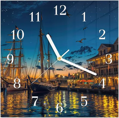 Produktbild von Wanduhr aus Glas mit Motiv Nachthafen- 30 x 30 cm - inkl. Aufhängesystem