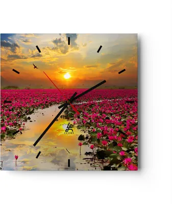 Produktbild von Wanduhr - Quadrat - Glasuhr - See Blumen - 30x30cm - Schleichendes Uhrwerk - Lautlos - zum Aufhängen bereit - Dekoration Modern - Wanddekoration aus Glas - C3AC30x30-3769