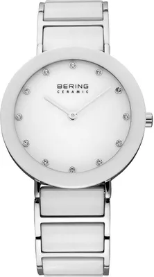A white Bering ceramic watch with a silver metal bracelet.