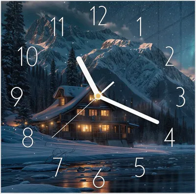 Produktbild von Wanduhr aus Glas mit Motiv Berghütte im Winter- 30 x 30 cm - inkl. Aufhängesystem