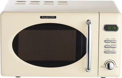 A retro-style cream-colored microwave oven is shown against a white background.
