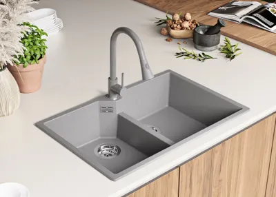Produktbild von PRIMAGRAN Spülbecken Grau 78x50cm, Granitspüle 2 Becken + Ablauf-Set, Küchenspüle ab 80er Unterschrank - Madrid Twin