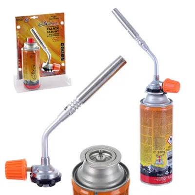 A collage of images showing a gas torch with a gas canister, and its packaging.