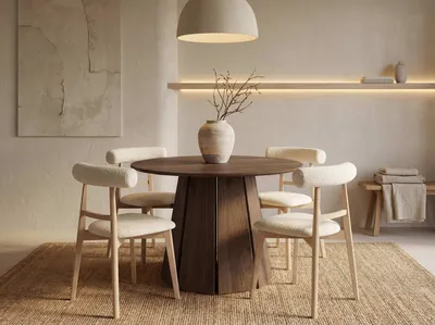 Produktbild von Runder Esstisch 120 cm Platzsparend für 6 Personen – Skandi Japandi Design Minimalistisch für Küche & Esszimmer in Wallnuss Dunkelbraun