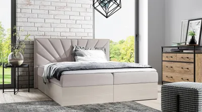 Produktbild von Boxspringbett Bett DAIMON 180x200cm Nordic Teak Stoff Hellbeige inkl. Bettkasten