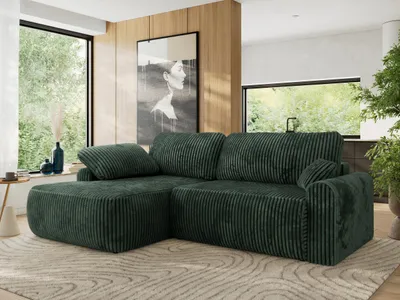 Produktbild von MKS MEBLE Ecksofa CUBO L-form, lose Kissen, Ecksofa 273x187x100 cm mit Schlaffunktion, Bettkasten - Grün Cord - Links Seite