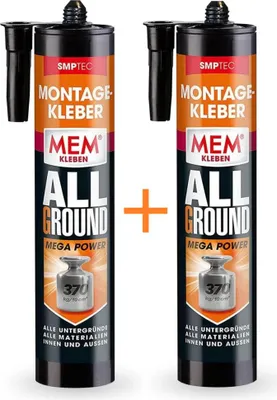 Two tubes of MEM Montagekleber Mega Power adhesive are shown side-by-side with a plus sign in between them.