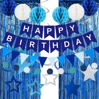 Image de Kit de décoration pour anniversaire, couleur bleu, comprenant une guirlande et 2 rideaux scintillants, réutilisables