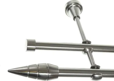 Produktbild von Gardinenstange Set Edelstahl Look Metall Ø 16mm zur Wandbefestigung 2-lauf gerillte Spitze, Länge wählbar H24 E18 E16