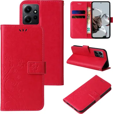 Produktbild von Handyhülle für Xiaomi Redmi Note 12 Floral Blumen Schmetterling Flip Cover Hülle Case Klapphülle Handytasche Farbe: Rot
